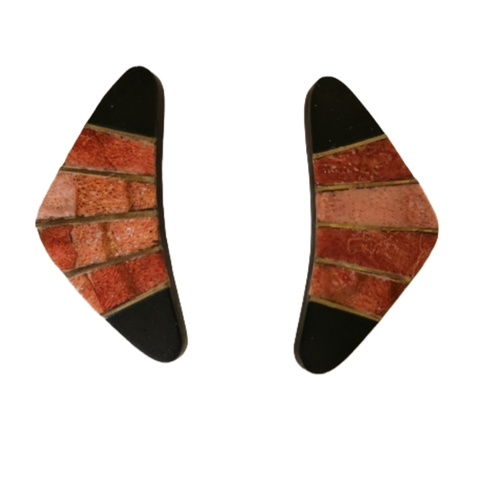 Rare Vintage Mollie Gladstone Boomerang Wood Gold Earrings